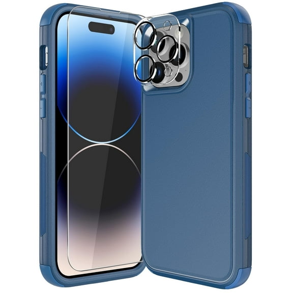 Diverbox for iPhone 14 Pro Max Case [Shockproof] [Dropproof] [Tempered Glass Screen + Camera Lens Protector],Heavy Duty Protection Phone Case Cover for iPhone 14 Pro Max (Blue)