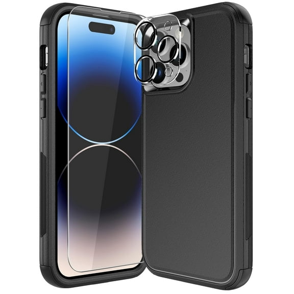 Diverbox for iPhone 14 Pro Max Case [Shockproof] [Dropproof] [Tempered Glass Screen + Camera Lens Protector],Heavy Duty Protection Phone Case Cover for iPhone 14 Pro Max (Black)