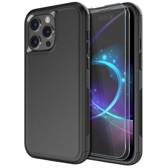 Diverbox for iPhone 15 Pro Case [Shockproof] [Dropproof] [Tempered Glass Screen + Camera Lens Protector],Heavy Duty Protection Phone Case Cover for Apple iPhone 15 Pro (Black)
