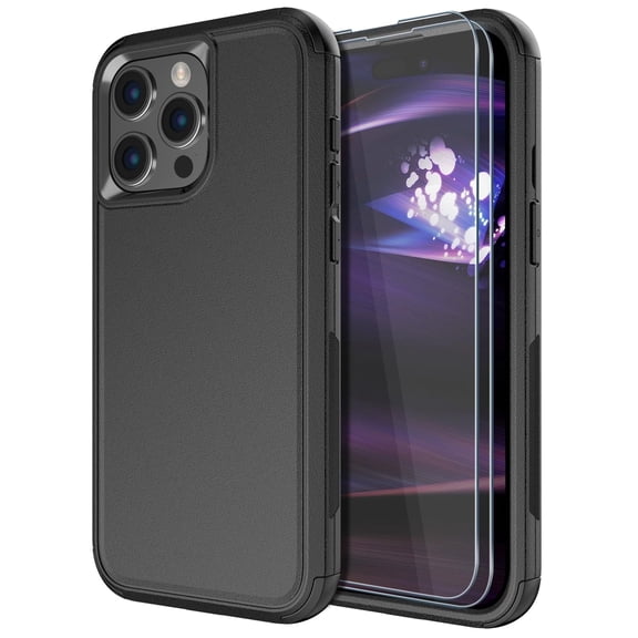 Diverbox for iPhone 15 Pro Max Case [Shockproof] [Dropproof] [Tempered Glass Screen + Camera Lens Protector],Heavy Duty Protection Phone Case Cover for Apple iPhone 15 Pro Max (Black)