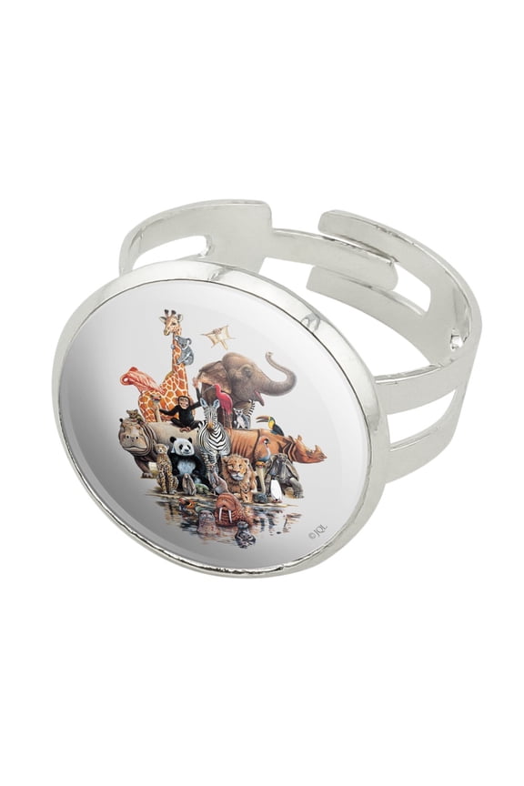 Diverse Animal Family Reunion Elephant Giraffe Panda Lion Walrus Hippo Silver Plated Adjustable Novelty Ring