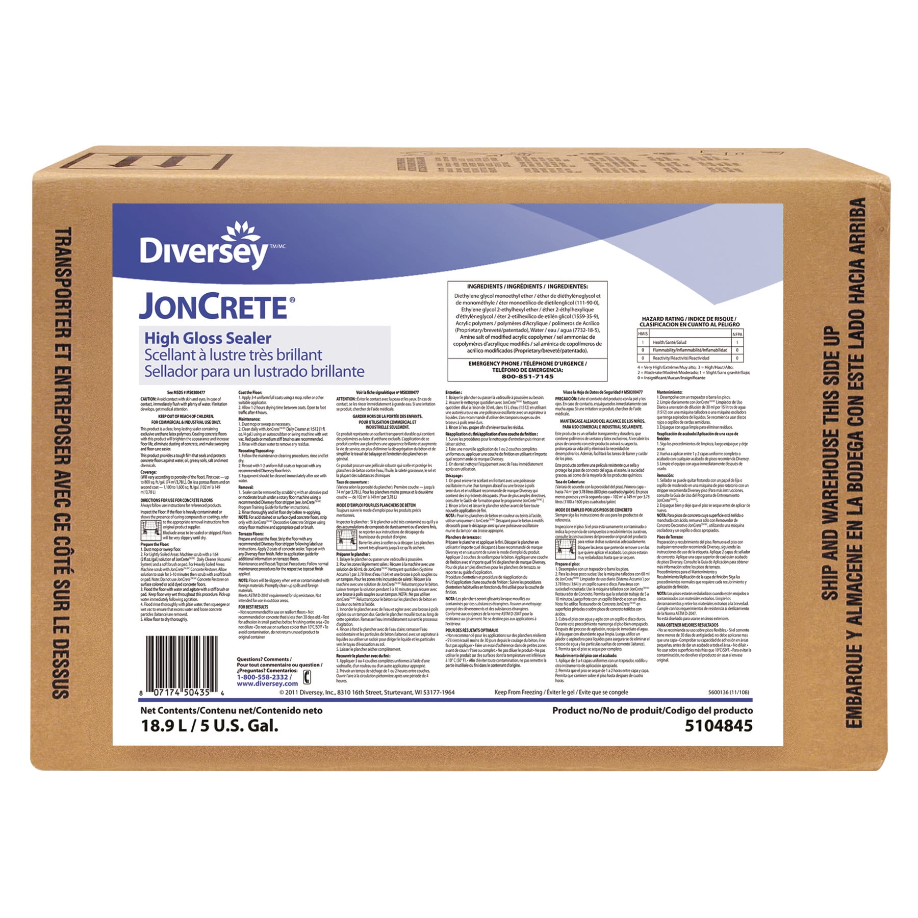 Diversey JonCrete High Gloss Sealer, 5 gal, 1 Envirobox/Carton