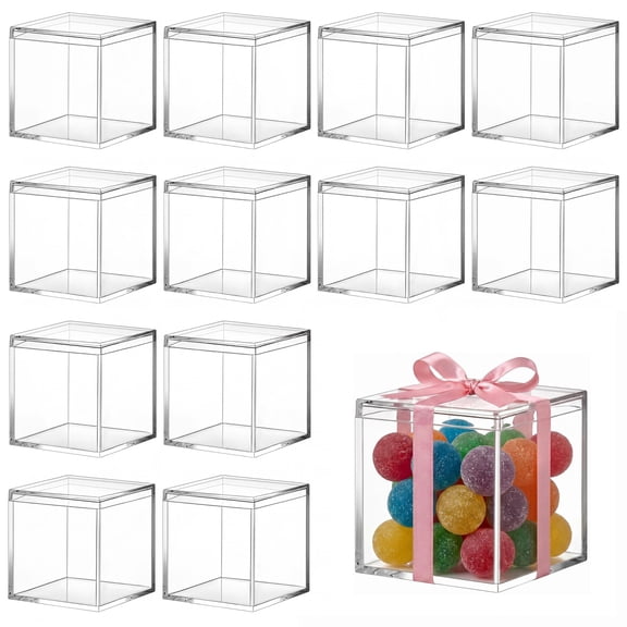 DiversiCook Crystal-Clear Stackable Display Cubes with Lids - Acrylic Storage Cubes, 12 Pack 3 Inch - Thick Plastic Organizer Boxes for Candy, Jewelry, Collectibles, Party Compliments & Home Decor