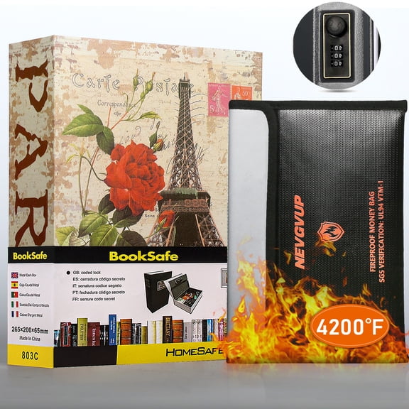 Diversion Book Safe with 4200F Fireproof Money Bag and Combination Lock, 10.5" x 7.9" x 2.5" Fake Book Hidden Storage Safe, Hollow Secret Portable Metal Storage Box for Cash, Valuables - Tower