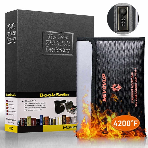 Diversion Book Safe with 4200F Fireproof Money Bag and Combination Lock, 10.5" x 7.9" x 2.5" Fake Book Hidden Storage Safe, Hollow Secret Portable Metal Storage Box for Cash, Valuables