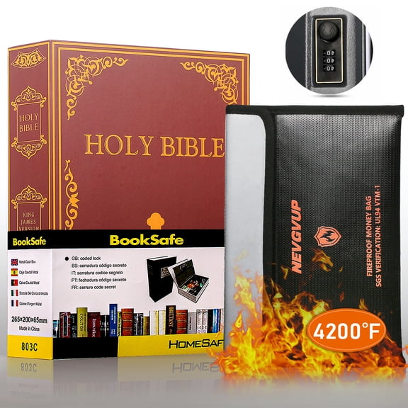 Diversion Book Safe with 4200°F Fireproof Money Bag and Combination Lock, Fake Book Hidden Storage Safe, Hollow Secret Portable Metal Storage Box for Cash, Valuables - Easter Bible