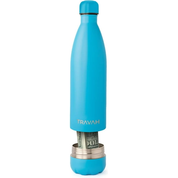 Diversion Safe Water Bottle Can Hidden Bottom for Valuables 17ounce Liquid Capacity and Dry Storage Compartment Stainless Steel Vacuum Insulated Bag Included (Light Blue)