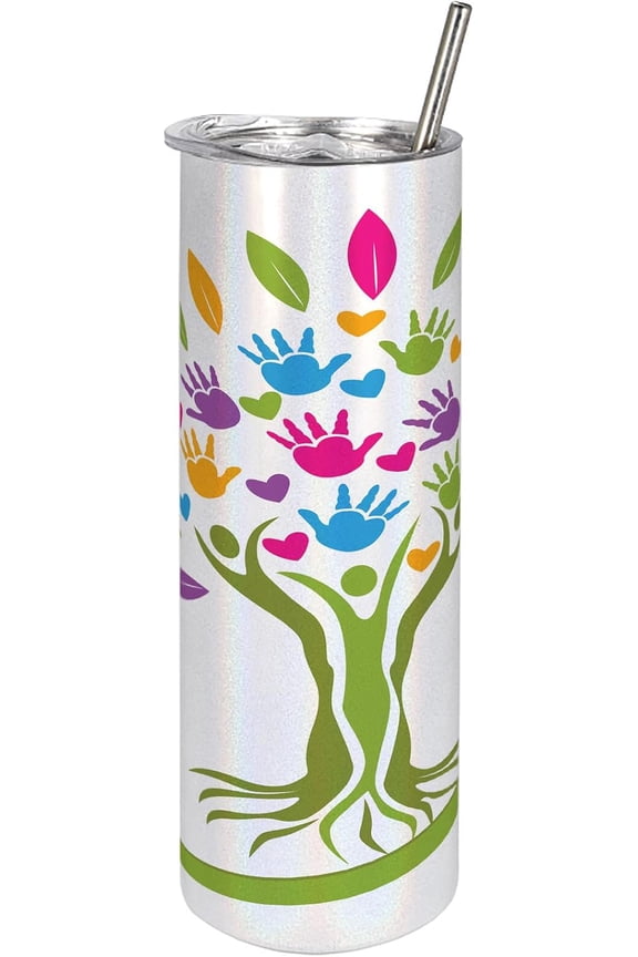 Diversity 20 Oz Skinny Tumbler, Tree Silhouette Composed of Colorful Handprints Leaves and Heart, Leak-Proof Straw Lid and Brush Vacuum Insulated for Outdoor Use, Lime Green and Multicolor