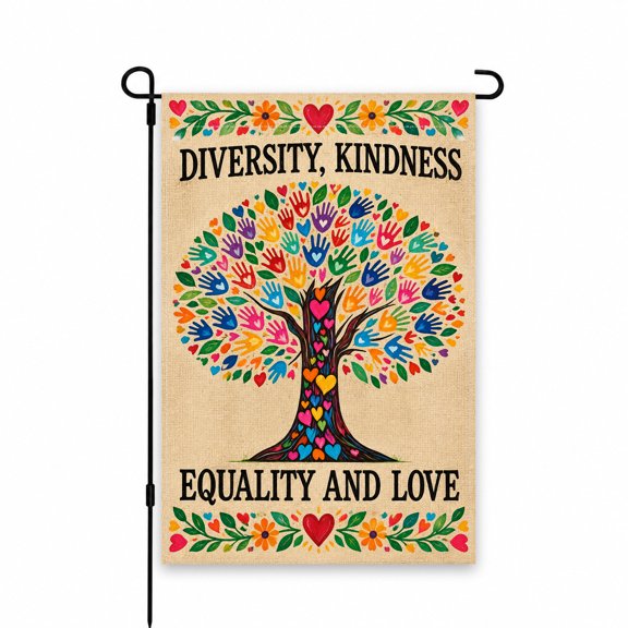 Diversity Kindness Garden Flag 12 x 18 Inch, Colorful Tree with Handprints, Hearts and Floral Border Design, Equality and Love Theme Yard Flag for Garden Lawn Patio Porch Outdoor Decor