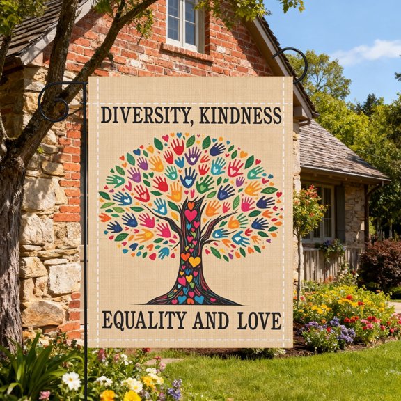 Diversity Kindness Love Handprint Tree Inclusive 2D Printed Garden Flag, Yard Landscape Housewarming Decor, Thanksgiving Christmas Gift