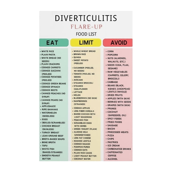 Diverticulitis Food List Diet Chart Poster Foods to Eat and Avoid During Flare Up vs Prevention High Low Fiber Guide for Digestive Health Kitchen Clinic Office Decor
