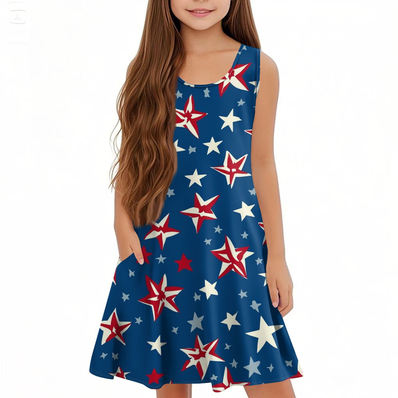 Decogiver 4th Of July Dress - American Flag Stars & Stripes Sundress, Knee Length Fit & Flare (Sizes S-XL)