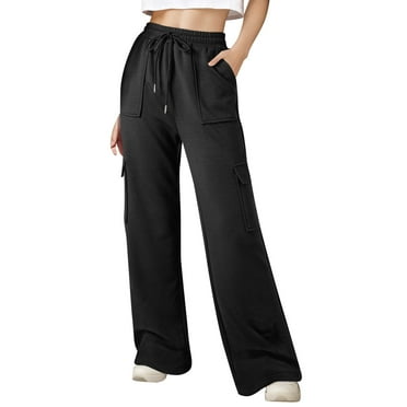 Divhosrg Cargo Sweatpants for Women Casual High Waisted Wide Leg Pants Baggy Drawstring Athletic Jogger Sweat Pants w/Pockets Black M