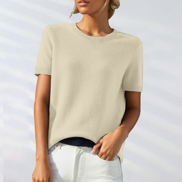 Divhosrg Short Sleeve Sweater for Women, Merino Wool Sweater, Crew Neck Sweater for Women, Sweaters Women Beige Sweater for Women 2XL