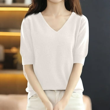 Divhosrg Short Sleeve Sweater for Women, Merino Wool Sweater, V Neck Sweater for Women, Sweaters Women Beige Sweater for Women XL