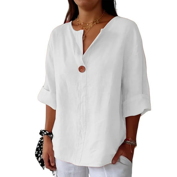 Divhosrg Linen Shirts for Women Loose Fit, Linen Button Down Shirt Women Beach, Linen Tops for Women Loose Fit V Neck 3/4 Sleeve Linen Blouses for Women Casual, White Button Down Shirt Women XL