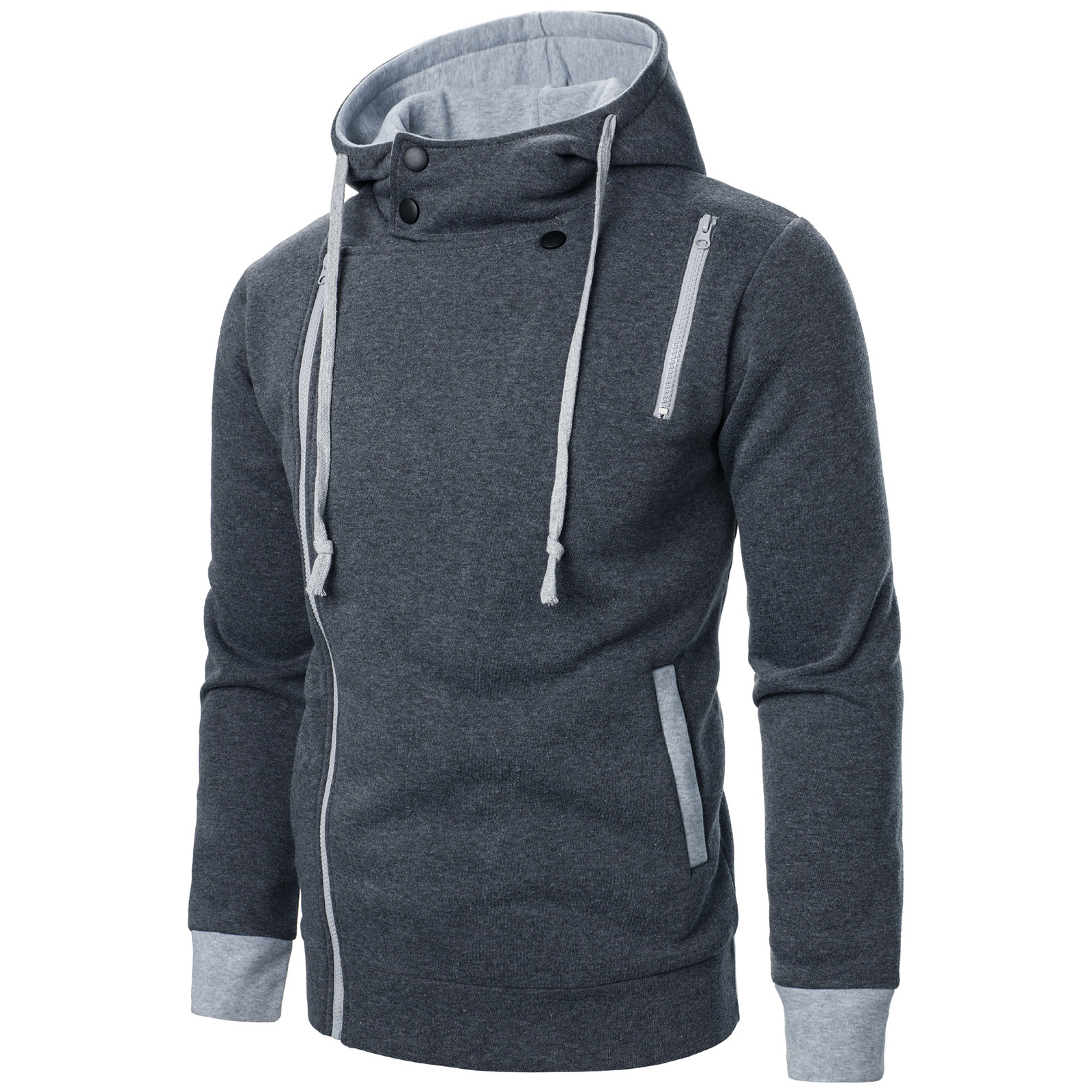 Divhosrg Men's Oblique Zipper Plus Lapel Hoodies Long Sleeve