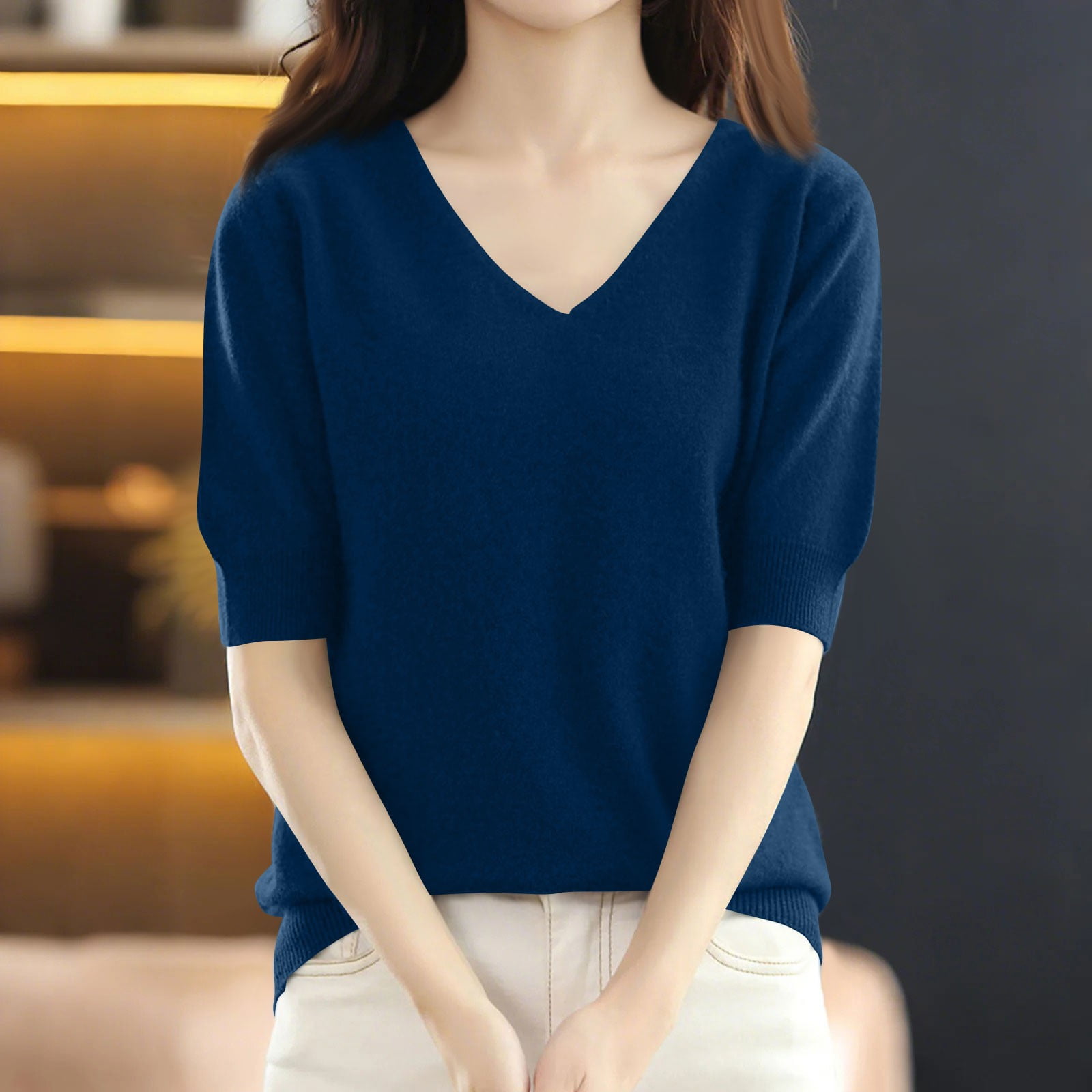 Merino Wool Short Sleeve Sweater for Women, V Neck Short Sleeve Sweater for Women, Soft Pullover Sweater Dark Blue Sweater for Women XL
