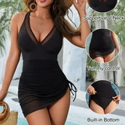 DIVHOSRG One Piece Swimsuit Women Sexy, Vintage Swimsuit for Women, Slimming Mesh Sheer Sarong Wraps Bathing Suit， Black One Piece Swimsuit Women L