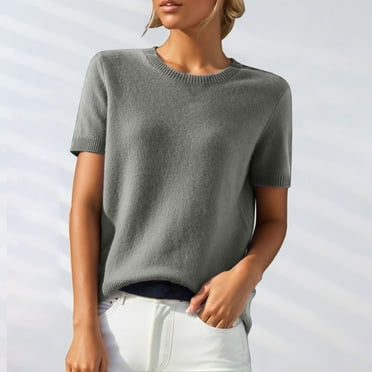 Divhosrg Short Sleeve Sweater for Women Lightweight Soft Wool Crew Neck Pullovers Short Sleeve Sweater for Women, Gray Sweater for Women M