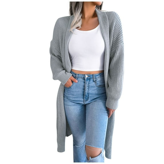 Divhosrg Women Lightweight Open Front Thin Long Cardigans Fall Long Knit Sweater with Pockets Gray S