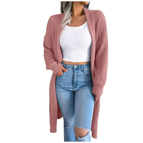 Divhosrg Women Lightweight Open Front Thin Long Cardigans Fall Long Knit Sweater with Pockets Pink L