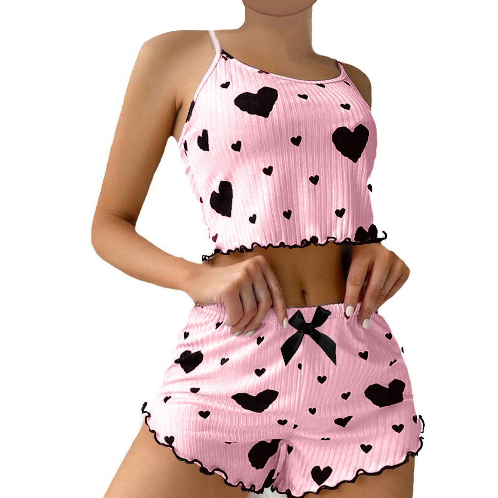 Divhosrg Women's 2 Piece Pajama Set Heart Print Lettuce Trim Cami Top