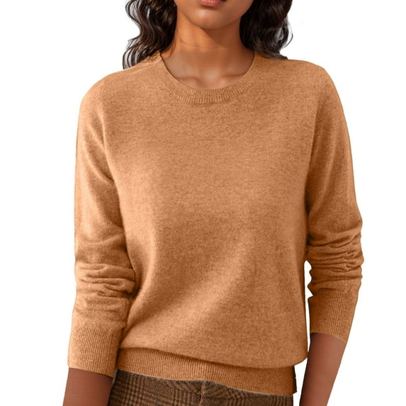 Divhosrg Women's Knit Sweaters Wool Long Sleeve Crew Neck Pullover Sweaters Lightweight Light Brown M