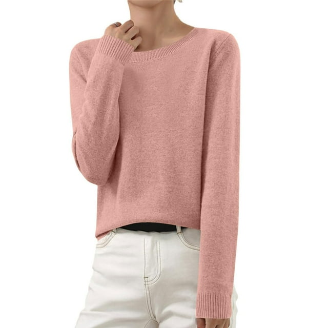 Divhosrg Women's Lightweight Soft Petite Crewneck Lightweight Solid Plain Sweaters Fall Winter Pullover Jumper Tops Light pink M