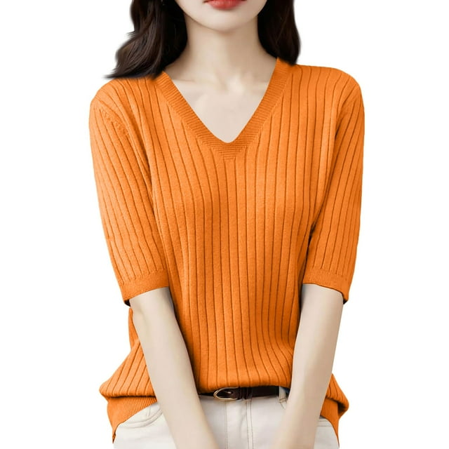 Divhosrg Womens Knit Short Sleeve Sweater for Women Wool Short Sleeve Sweater, V Neck Pullover Sweaters Lightweight Orange Sweater for Women 3XL