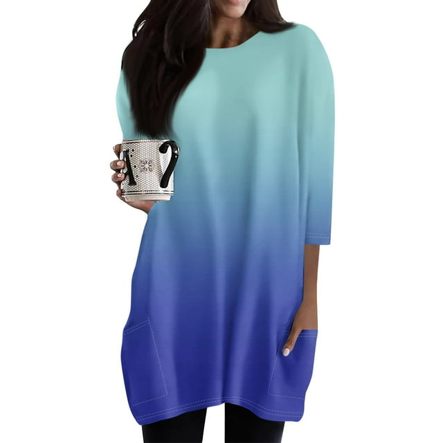 Divhosrg Womens Summer Tunic Tops for Leggings Oversized Casual 3/4 Sleeve Long Shirts with Pockets Lightweight Pullover Blue XL