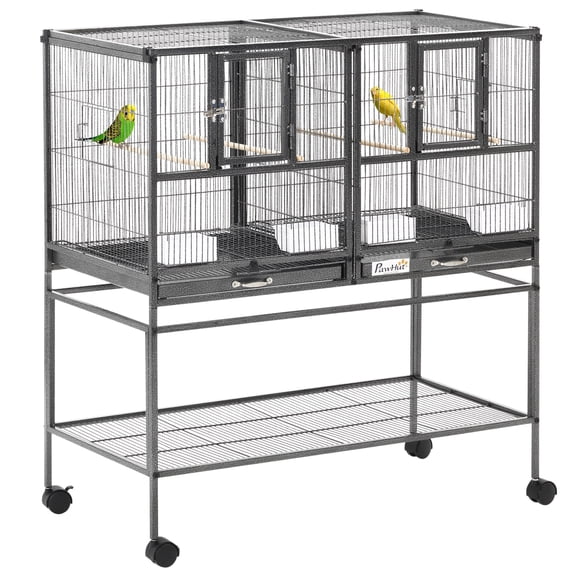 Divided Breeder Bird Cage with Rolling Stand Removable Metal Tray, Storage Shelf, Wood Perch, and Food Container