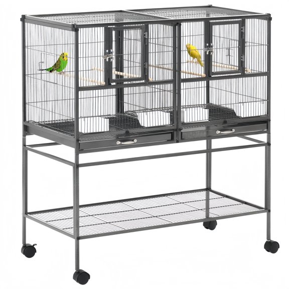 Divided Breeder Bird Cage with Rolling Stand Removable Metal Tray, Storage Shelf, Wood Perch, and Food Container