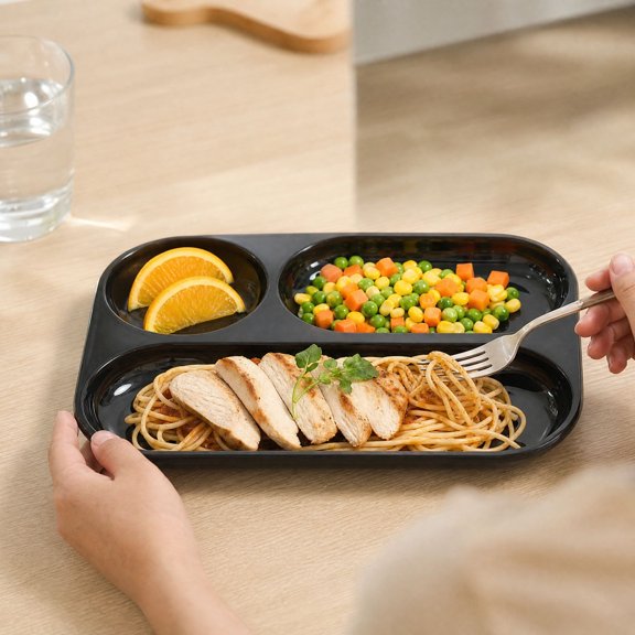 Divided Dinner Plates with Handles Keep Meals Separate, Reusable Plastic Tray Supports Meal Prep, Microwave and Dishwasher Safe