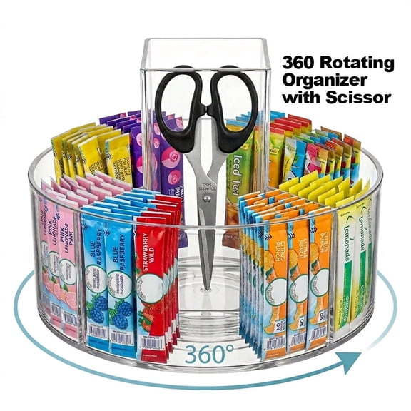 Divided Drink Packet Organizer with Scissors, Rotating Turntable Organizer, Clear Lazy Susan for Powdered Drink Mix, Water Drink Packet Holder