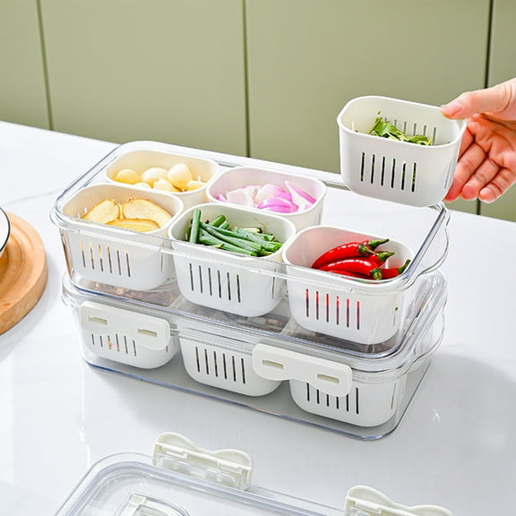 Divided Food Serving Tray with Lids Stackable Snackle Box for Candy NUTS Spice Fruit&VEGGIE Container with 6 Small Dividers Plastic Storage Bins for Fridge Pantry Freezer