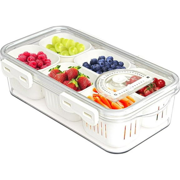 Divided Food Serving Tray with Lids Stackable Snackle Box for Candy Nuts Spice Fruit&Veggie Container with 6 Small Dividers Plastic Storage Bins for Fridge Pantry Freezer