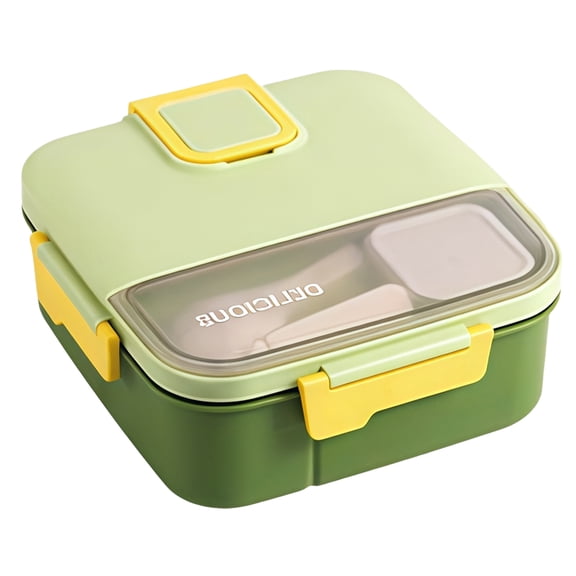 Divided Lunch Box with Spoon, Plastic Bento Box with Compartments, Handle and Snap Lids,Green
