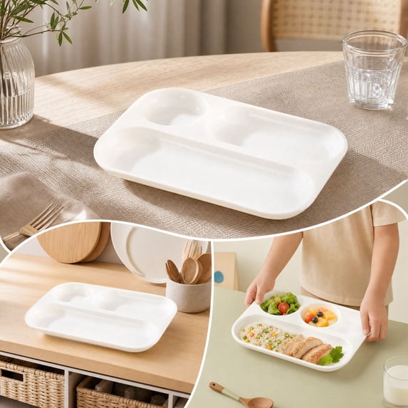 Divided Plastic Dinner Plates, 3-Compartment Heavy Duty Serving Trays, Meal Prep Food Containers for Fitness Diet Control Microwave Safe Family Dining, Portion Control Dish and Adult Child Dinnerware