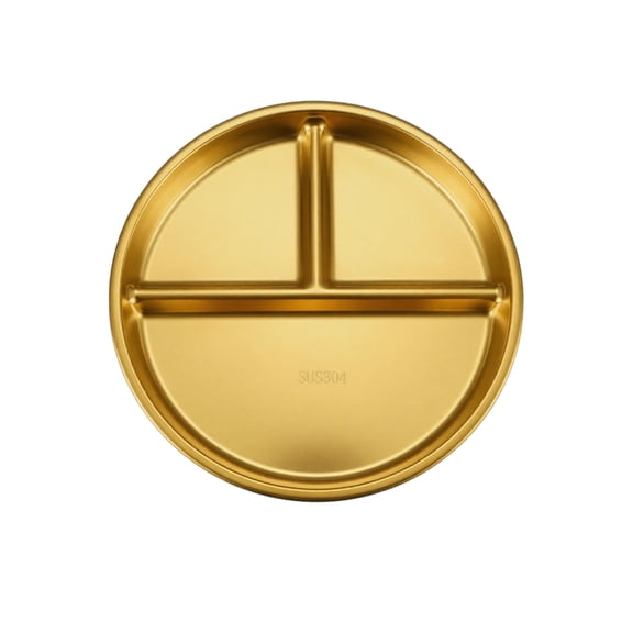 Divided Plate, 3-Section Round 304 Stainless Steel Lunch Tray 7.87 Inch Portion Control Dish for Weight Loss Healthy Meal Prep and School Cafeteria Dining, Gold