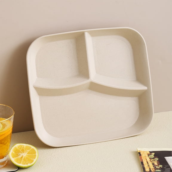 Divided Plates 3 Compartment Portion Control Tray, Reusable Plastic Dinnerware for Picnic Camping, Wheat Straw Fiber, 9.8x8.9in