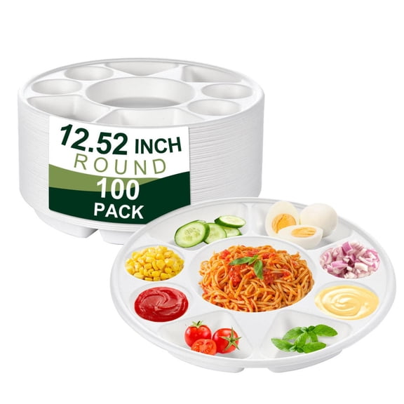 Divided Plates for Adults (100 Packs), Unbreakable Portion Control Plate Sectioned with Dividers, 12.52 Inch Plastic Food Separator Dinner Plates Lightweight Compartment