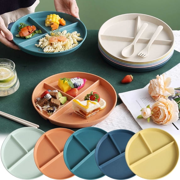 Divided Plates for Kids, 3 Compartment Toddler Plates Microwave Safe, Sectioned Dinnerware with Soft Edges, Fiber Snack and Breakfast Dishes, 8.5 Inch