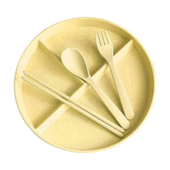 Divided Plates Set for Adult, Unbreakable Portion Control Plate Sectioned with Dividers, Set Includes 1 Spoons, 1 Forks and 1 Chopsticks (Yellow)