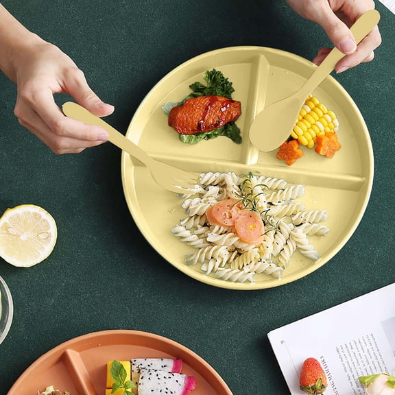 Divided Plates Set with Utensils, QQZ Microwave Safe Space Saving Tableware, 22cm Bamboo Fiber Partitioned Dish for Breakfast Lunch Dinner, Yellow
