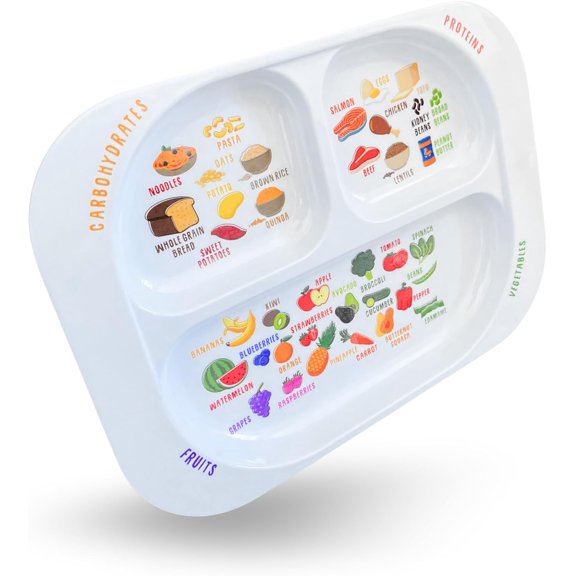 Divided Portion Plate, Sections for Kids & Fussy Eaters, Learn Nutrition, Healthy Eating, Food Groups & Portion Sizes, Child-Friendly Melamine, Dishwasher-Safe