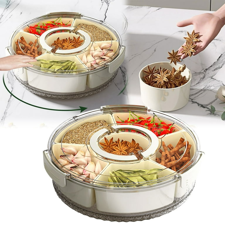 Divided Rotating Serving Tray with Lid and Handle, Portable