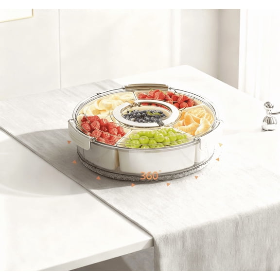 Divided Rotating Serving Tray with Lid and Handle, Portable Snackle Box for Fruits Snacks Veggie Charcuterie, Clear Lazy Susan Organizer and Fridge Storage Container for Adults Child (1PCS,12" L