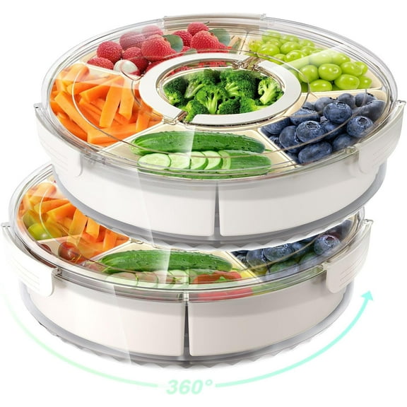 Divided Rotating Serving Tray with Lid and Handle, Portable Snackle Box for Fruits Snacks Veggie Charcuterie, Clear Snack Spinner Organizer and Storage for Adults Child (12" L-1pcs-6 Compartments)