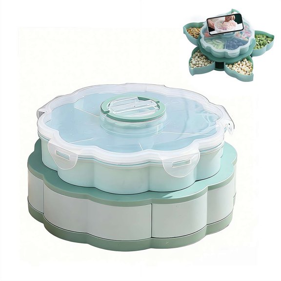 Divided Rotating Snack Serving Tray, 2-Tier 10 Compartments with Lid & Phone Holder, Snack Container for Fruits Nuts Candy, Portable for Pool Parties Picnics Summer Gatherings